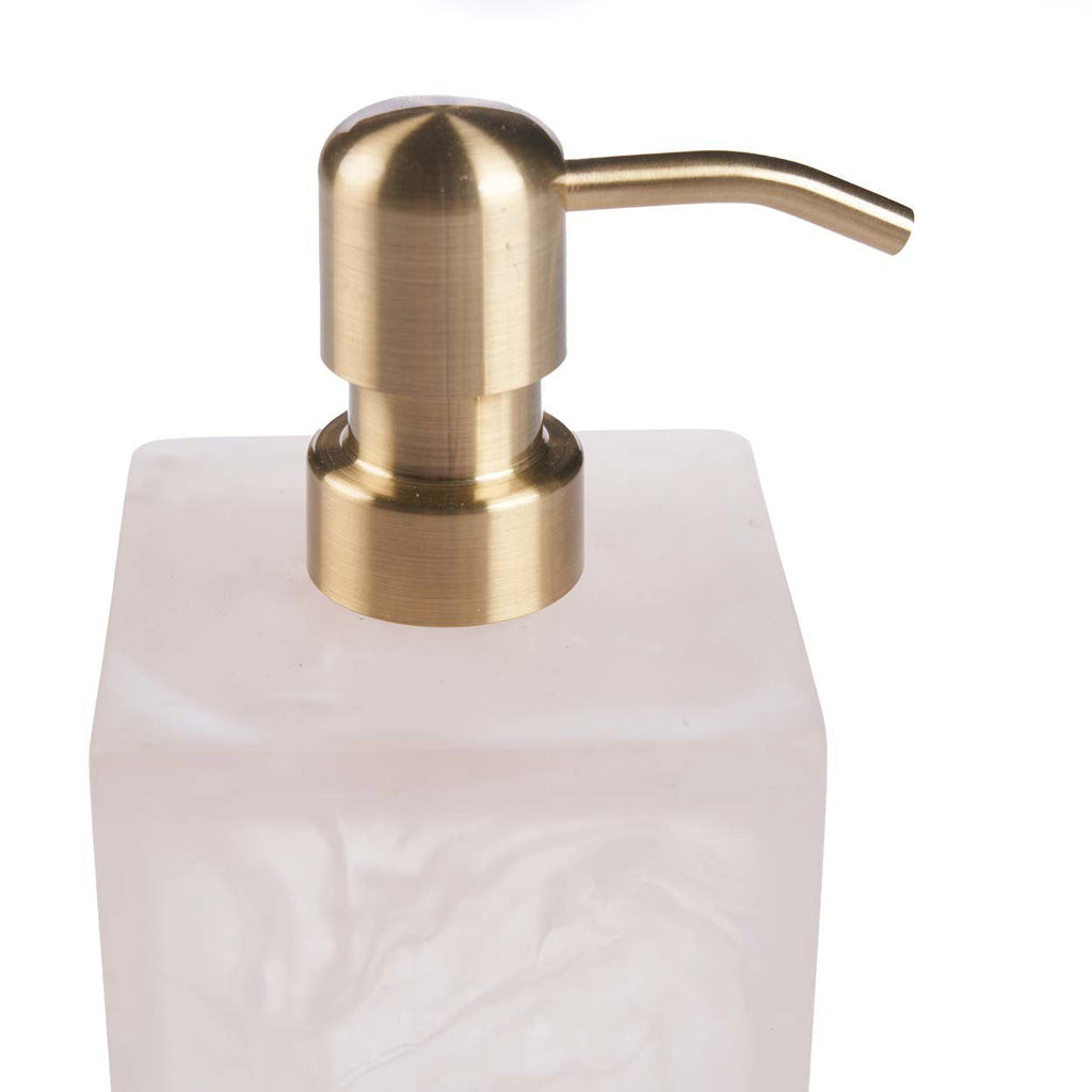 Zeepdispenser hars roze-wit met goudkleurige pomp, vierkant model 8 x 8 x 21 cm voor badkamer en keuken
