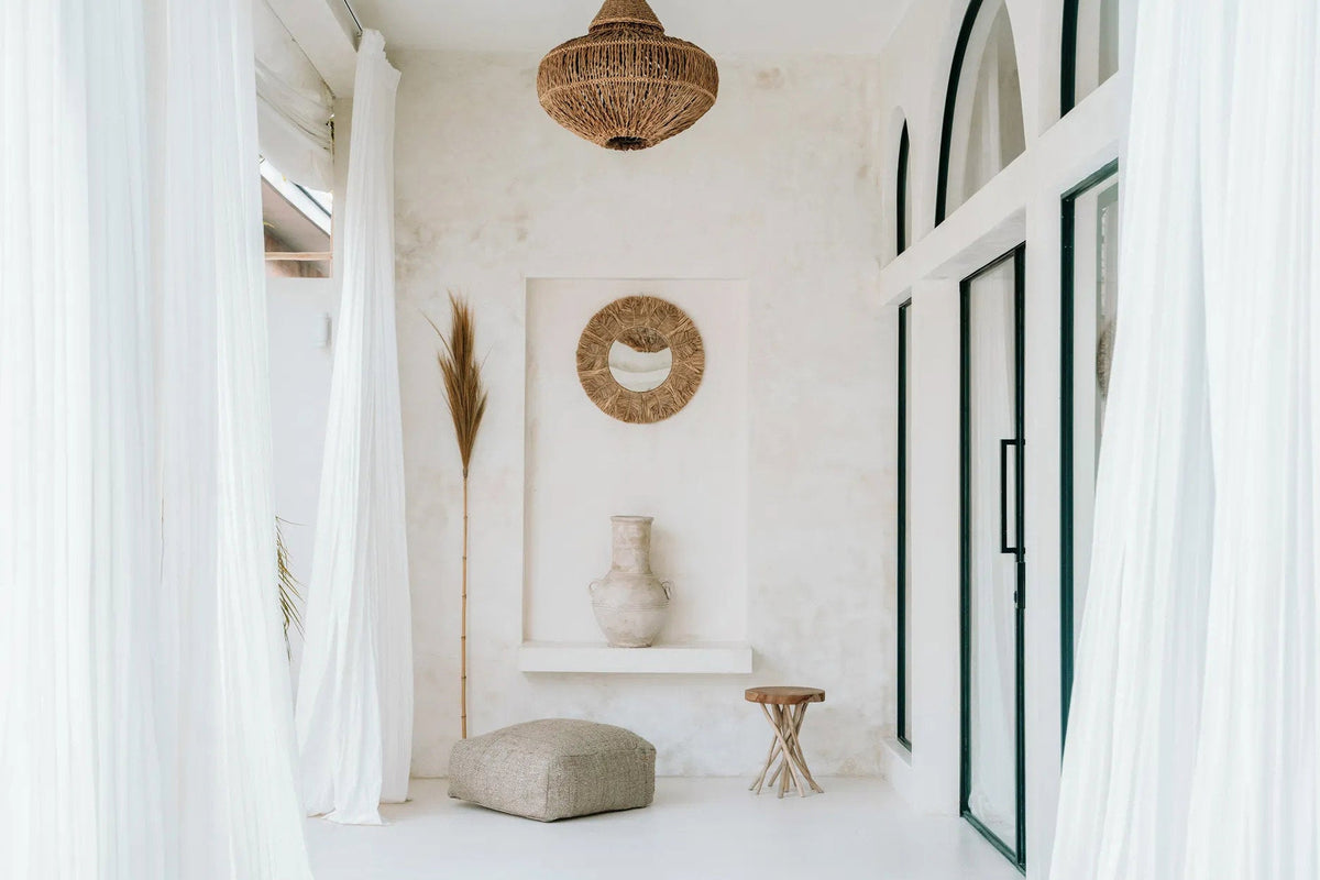 Spiegel rond raffia Palmboom naturel Ø 60 cm, handgemaakt met cowrie-schelpen voor woonkamer, slaapkamer of hal