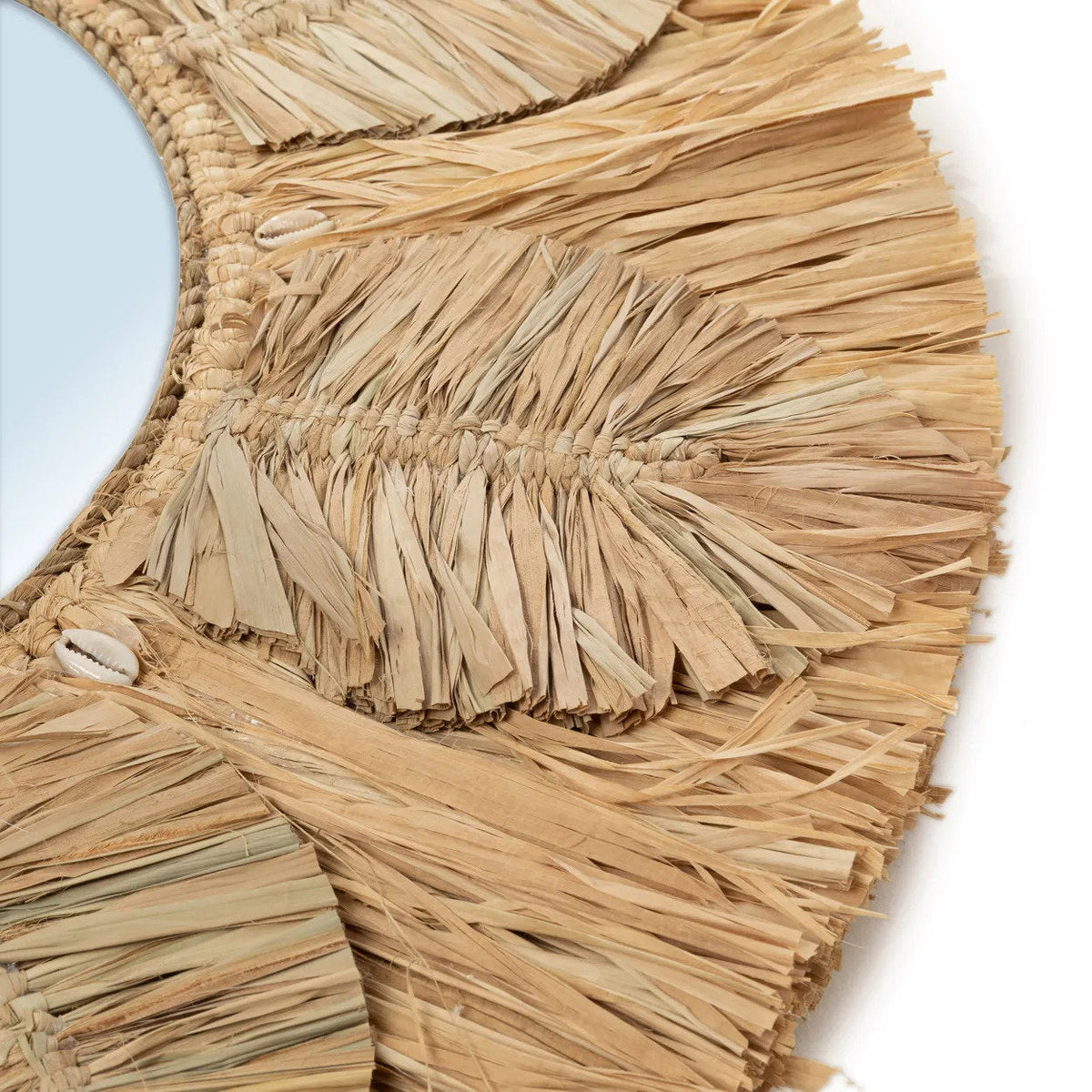Spiegel rond raffia Palmboom naturel Ø 60 cm, handgemaakt met cowrie-schelpen voor woonkamer, slaapkamer of hal