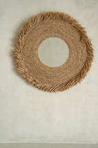 Spiegel gras glas Yema naturel Ø 60 cm, rond met gevlochten raffia rand en franjes