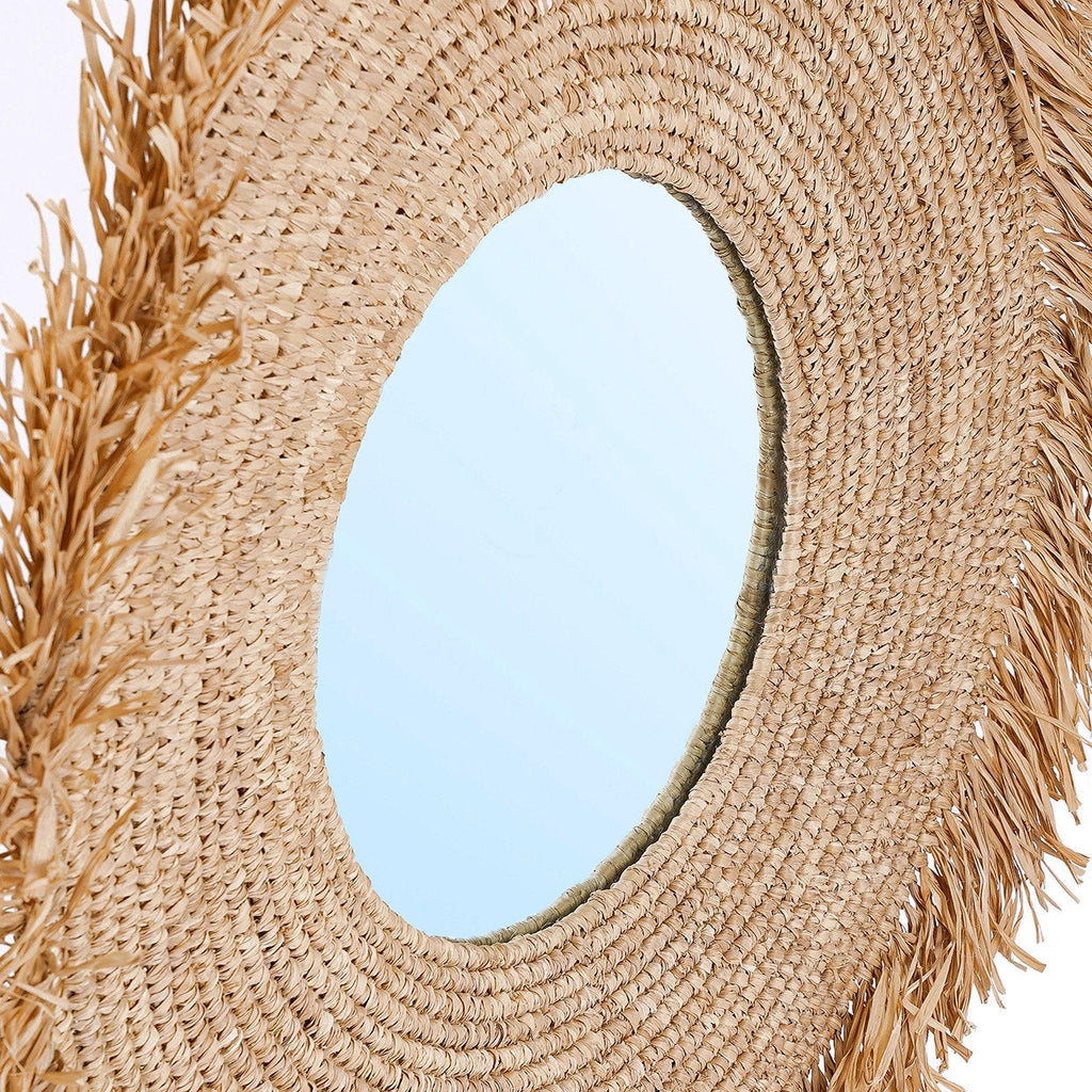 Spiegel gras glas Yema naturel Ø 60 cm, rond met gevlochten raffia rand en franjes