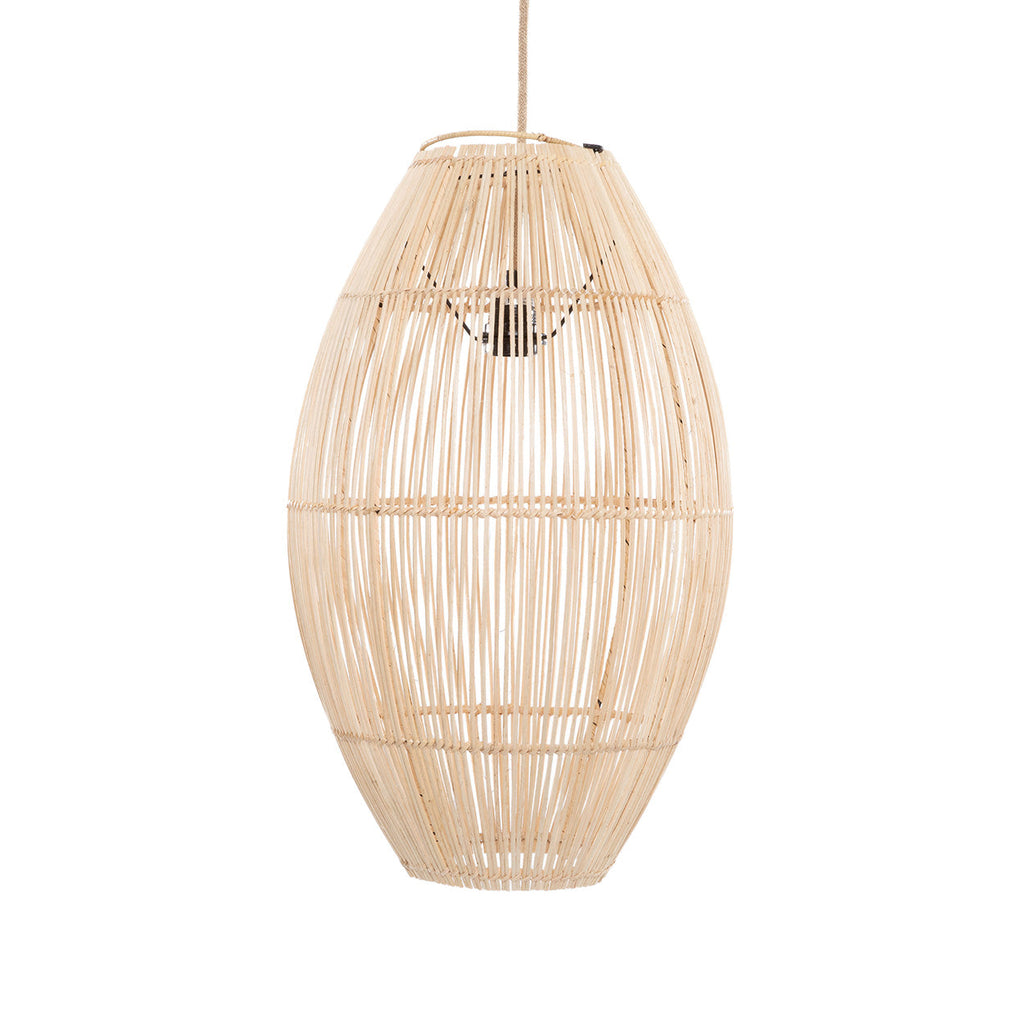 Ovale hanglamp van naturel rotan met open vlechtwerk en zichtbare lichtbron binnenin