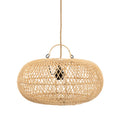 Ronde hanglamp van naturel gevlochten rotan met jute snoer en zwarte fitting zichtbaar door het open vlechtwerk
