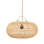 Ronde hanglamp van naturel gevlochten rotan met jute snoer en zwarte fitting zichtbaar door het open vlechtwerk