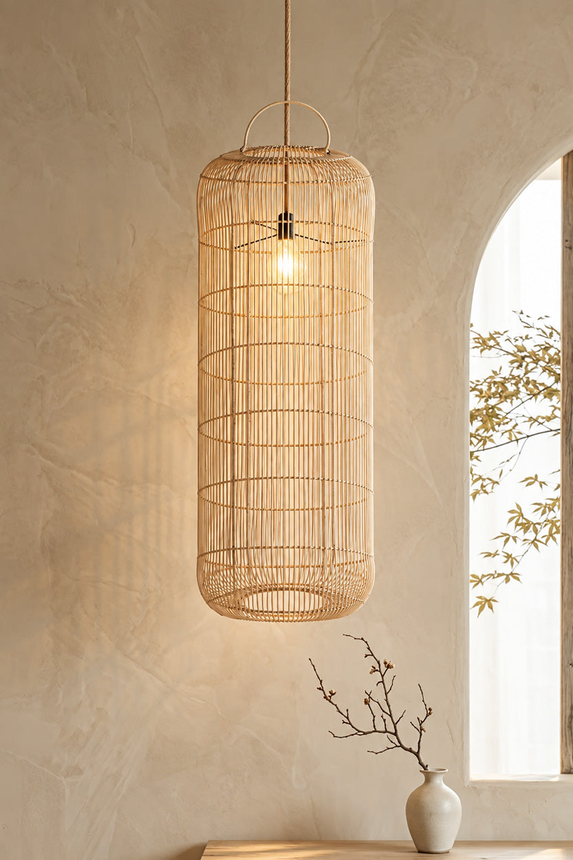 Hanglamp rotan Bozelo handgevlochten, naturel – 50 x 50 x 120 cm, voor eetkamer, woonkamer of hal