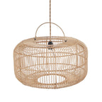 Ronde hanglamp van naturel rotan met open vlechtwerk, bovenaan een hengsel en gevlochten snoer