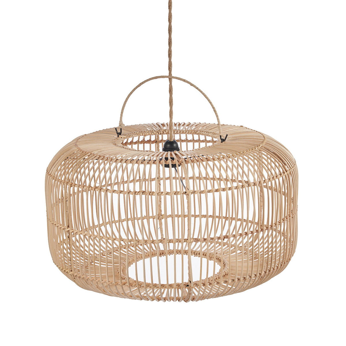 Ronde hanglamp van naturel rotan met open vlechtwerk, bovenaan een hengsel en gevlochten snoer