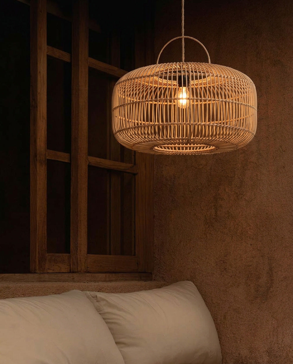 Hanglamp rotan handgevlochten boho Arun, naturel – Ø 55 x 30 cm, voor eettafel, hal of leeshoek