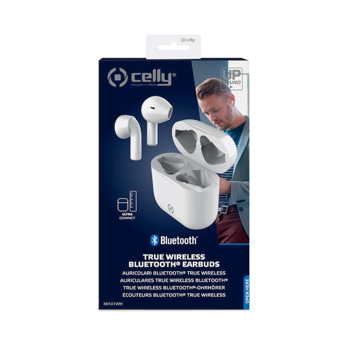 Verpakking met witte true wireless Bluetooth-oordopjes en een witte oplaadcase