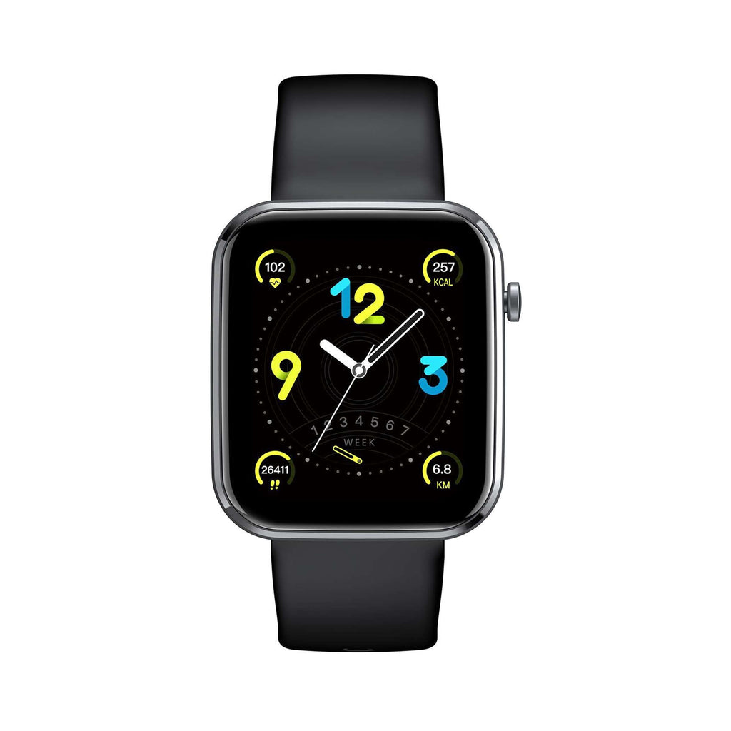 Smartwatch TrainerWatch vierkant zwart, 1,69 inch scherm, met hartslagmeter en stappenteller