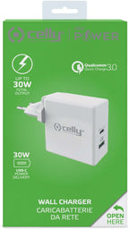 Oplader 30 W met Power Delivery en Quick Charge 3.0, twee poorten, wit, voor smartphone en tablet
