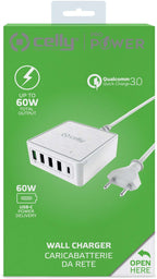 USB-oplader met vijf poorten, USB-C Power Delivery 60 W en Quick Charge 3.0 18 W, wit, voor thuis en kantoor