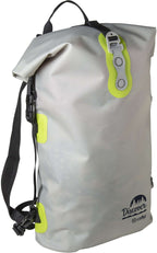 Grijze rolltop rugzak met limoengroene details, zwarte schouderband en Discover-opdruk