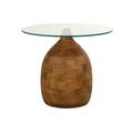 Ronde salontafel met glazen blad en bolvormige voet van massief mangohout in naturel