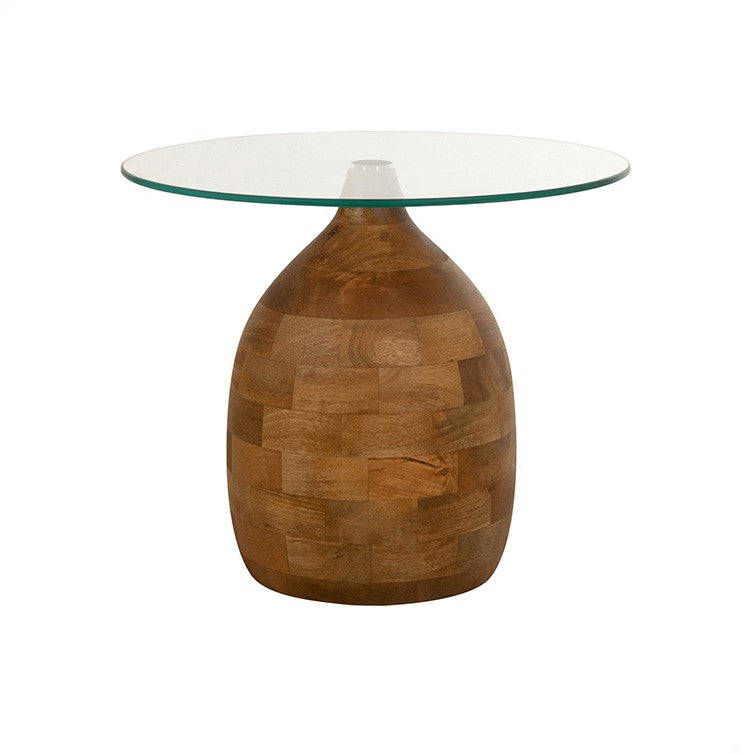 Ronde salontafel met glazen blad en bolvormige voet van massief mangohout in naturel