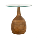 Ronde salontafel met helder glasblad en bolvormige voet van mangohout in blokpatroon