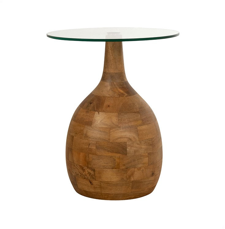 Ronde salontafel met druppelvormig onderstel van naturel mangohout en een blad van helder glas