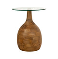 Ronde salontafel met druppelvormig onderstel van naturel mangohout en een blad van helder glas