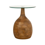 Ronde salontafel met druppelvormig onderstel van naturel mangohout en een blad van helder glas