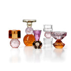 Kandelaar glas gefacetteerde roze voet met amberkleurige kubus, gerecycled glas, 6 x 6 x 10 cm, voor tafel of console