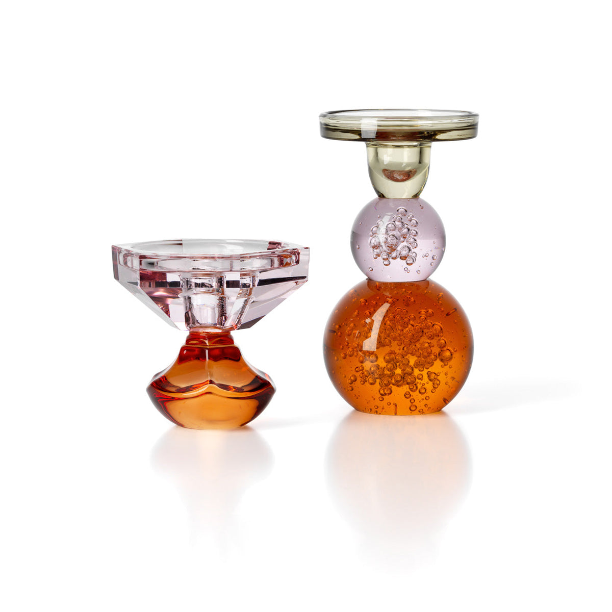 Kandelaar glas gerecycled Sunset Bloom, roze en amber, handgemaakt – 10 x 10 x 9 cm
