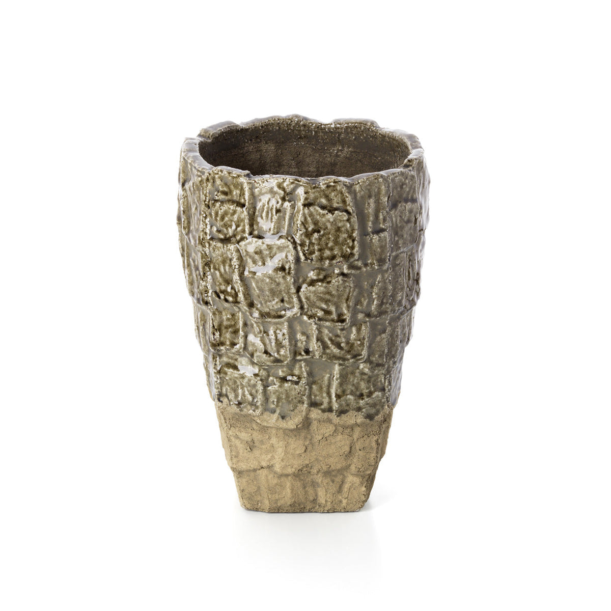 Vaas steengoed rotsstructuur grijze steen 25 x 25 x 36 cm, handgemaakt voor takken en bloemstukken