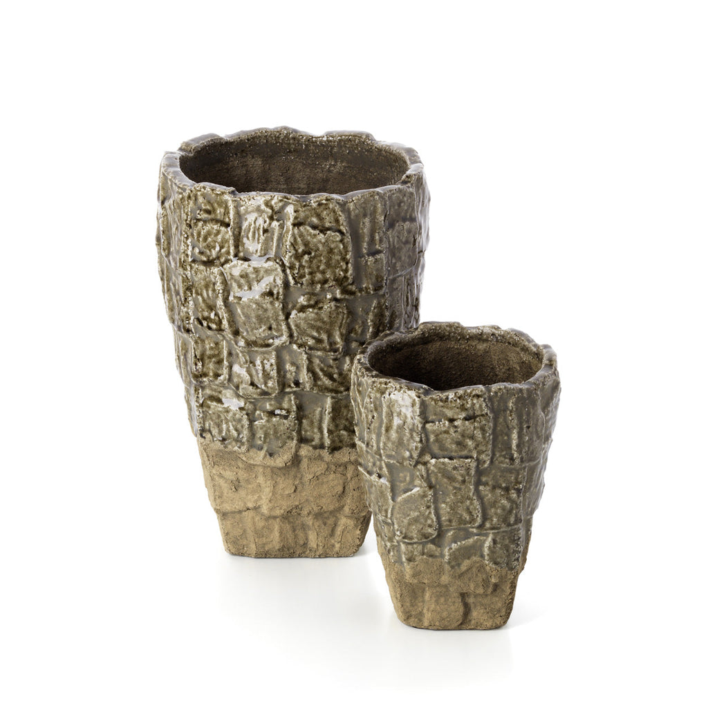 Vaas steengoed rotsstructuur grijze steen 25 x 25 x 36 cm, handgemaakt voor takken en bloemstukken