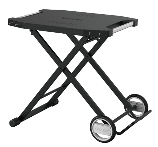 Zwarte opvouwbare werktrolley met kruisframe, kunststof blad, zijhandgrepen en twee wielen