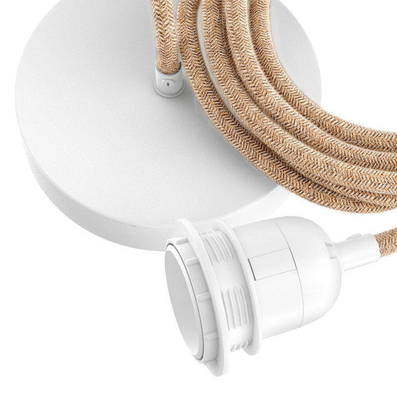 Plafondfitting voor hanglamp E27 max. 40 W, wit met naturel stoffen kabel 250 cm, 1 lamp
