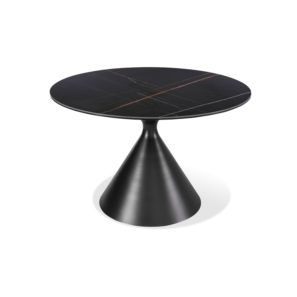 Eettafel rond gesinterd steen Winston, zwart stalen zandloperpoot – Ø 119 x H 76 cm, eetkamer
