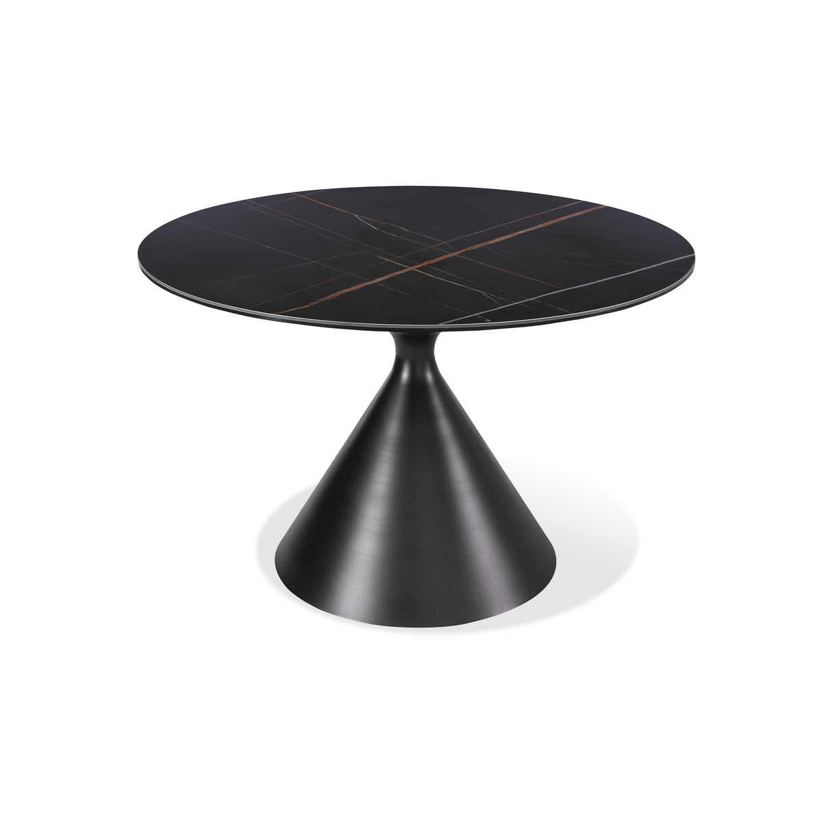 Eettafel rond gesinterd steen Winston, zwart stalen zandloperpoot – Ø 119 x H 76 cm, eetkamer