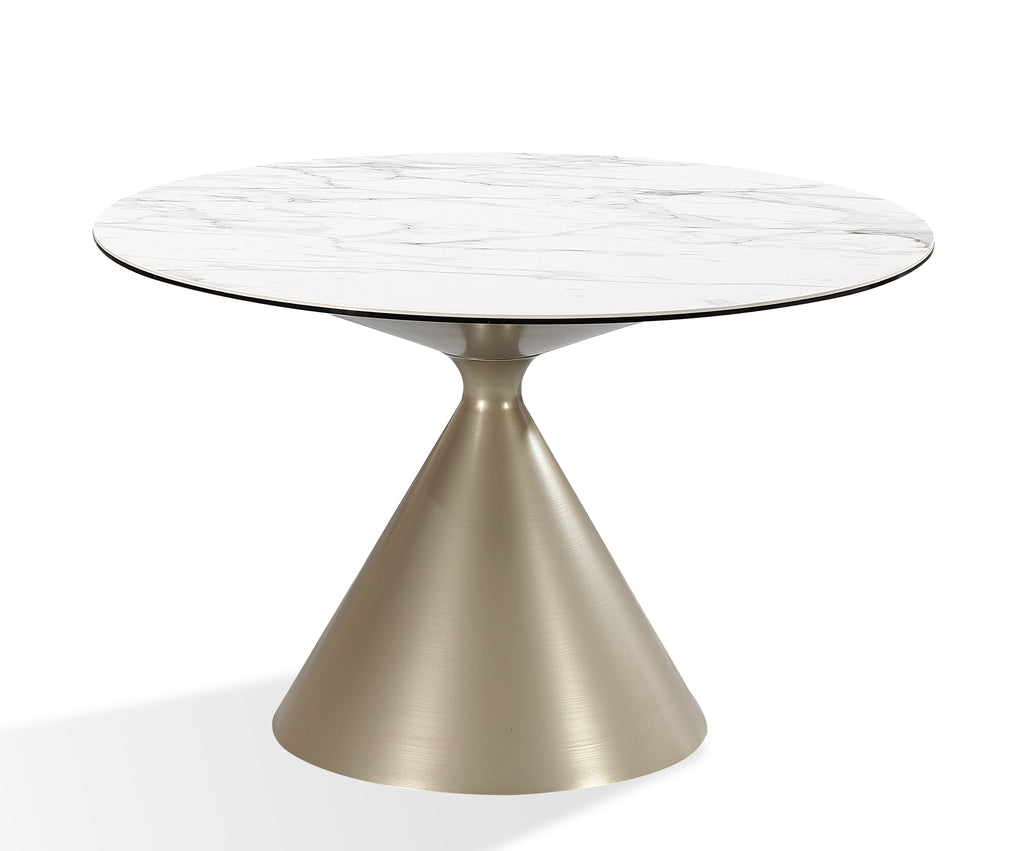 Ronde eettafel met wit marmerlook blad en conische champagnekleurige zandloperpoot