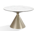 Ronde eettafel met wit marmerlook blad en conische champagnekleurige zandloperpoot
