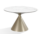 Ronde eettafel met wit marmerlook blad en conische champagnekleurige zandloperpoot