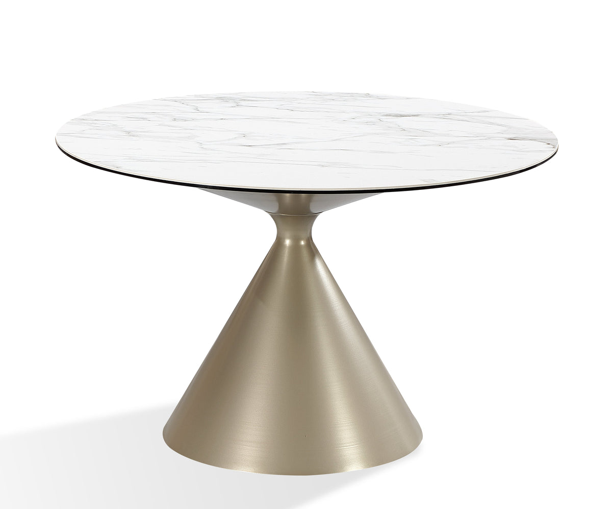 Ronde eettafel met wit marmerlook blad en conische champagnekleurige zandloperpoot