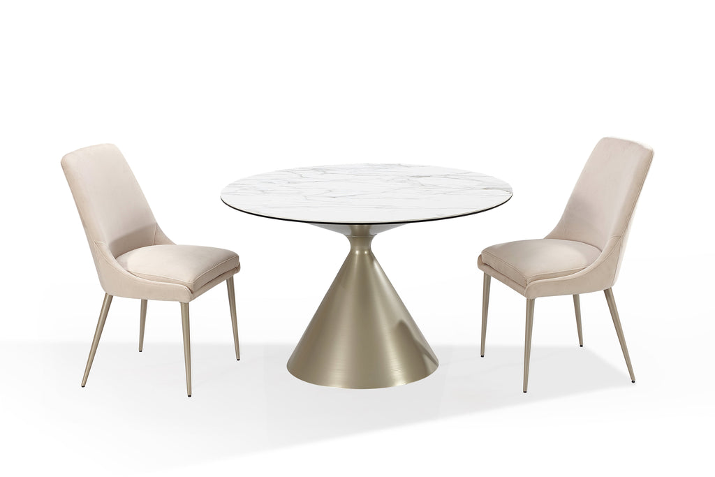 Eettafel rond gesinterde steen en staal, model Winston, havermelk en champagne, Ø 119 cm, voor 4 personen
