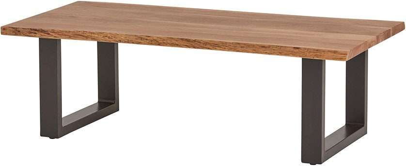 Rechthoekige salontafel van naturel acaciahout met natuurkant op zwarte metalen U-vormige poten