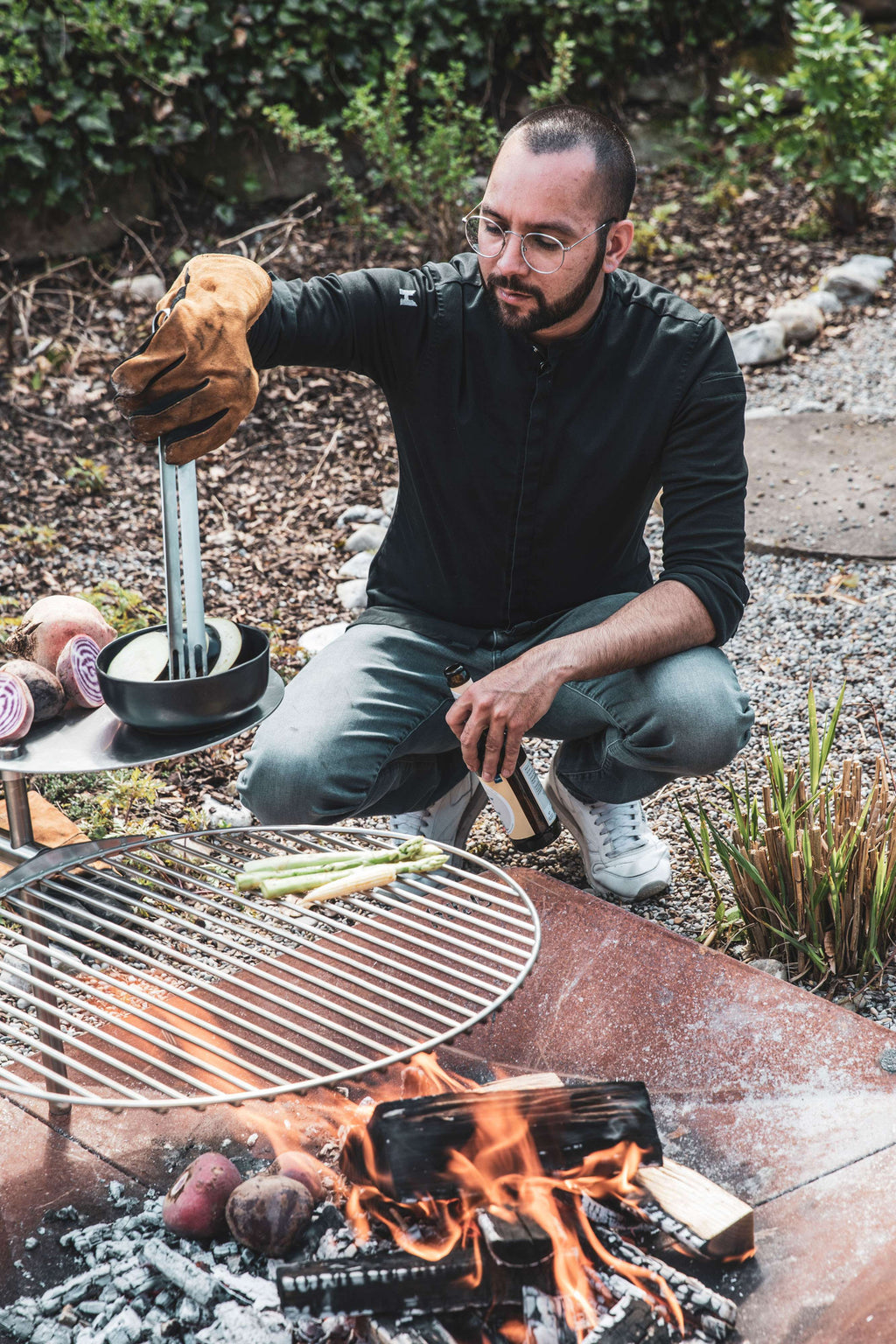 Grillrooster met houder roestvrij staal rond Triple vuurschaal accessoire Ø 55 cm voor tuin