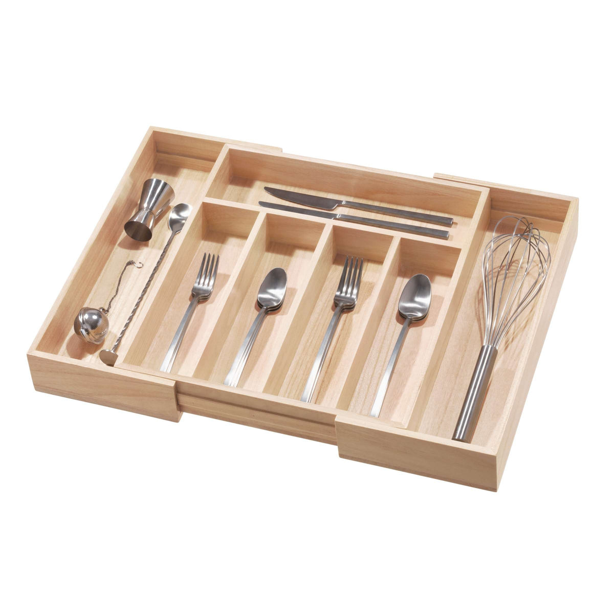 Bestekbak uittrekbaar paulowniahout naturel, 5 vakken plus 2 extra vakken, 38,1 x 34,3 x 6,4 cm