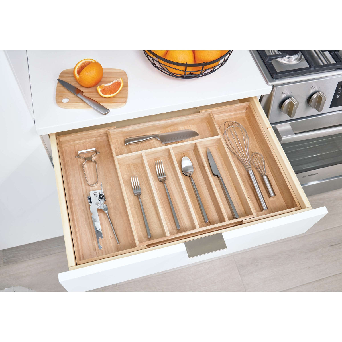 Bestekbak uittrekbaar paulowniahout naturel, 5 vakken plus 2 extra vakken, 38,1 x 34,3 x 6,4 cm