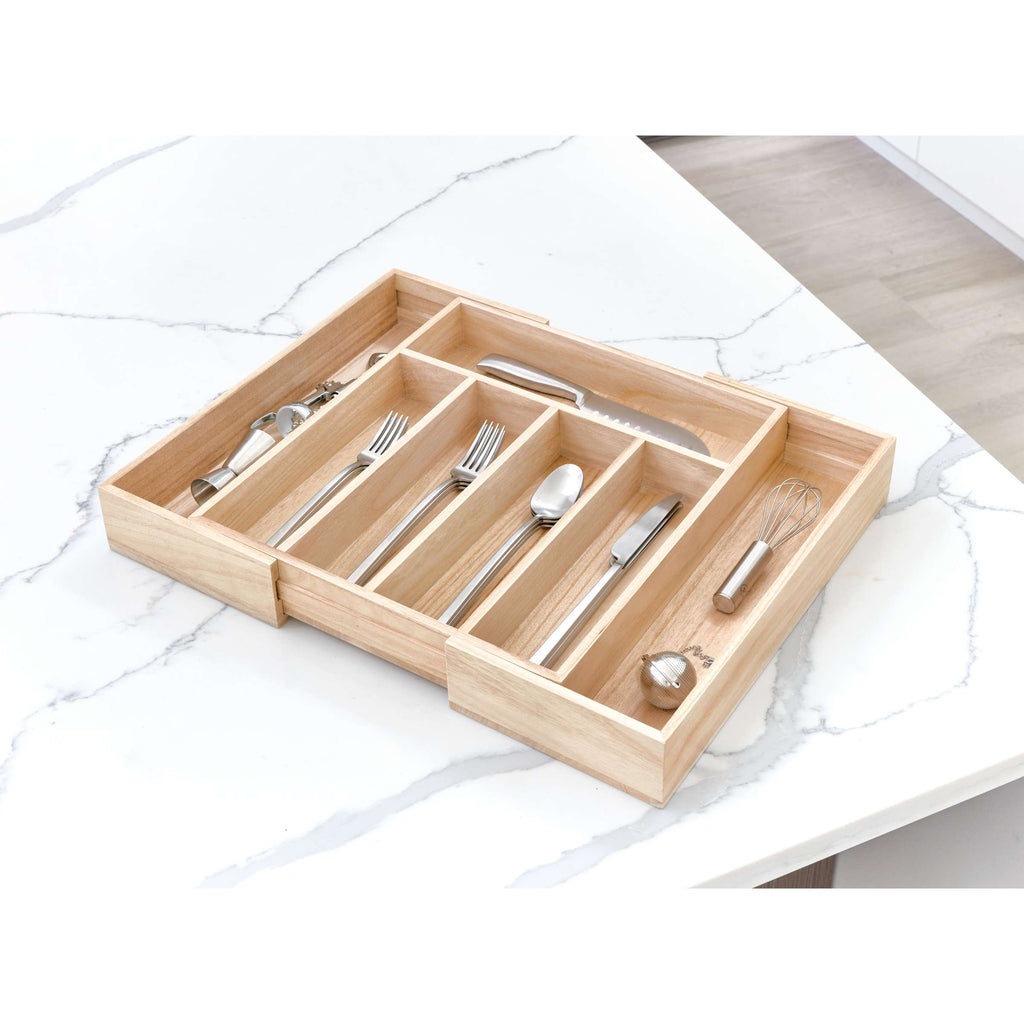 Bestekbak uittrekbaar paulowniahout naturel, 5 vakken plus 2 extra vakken, 38,1 x 34,3 x 6,4 cm