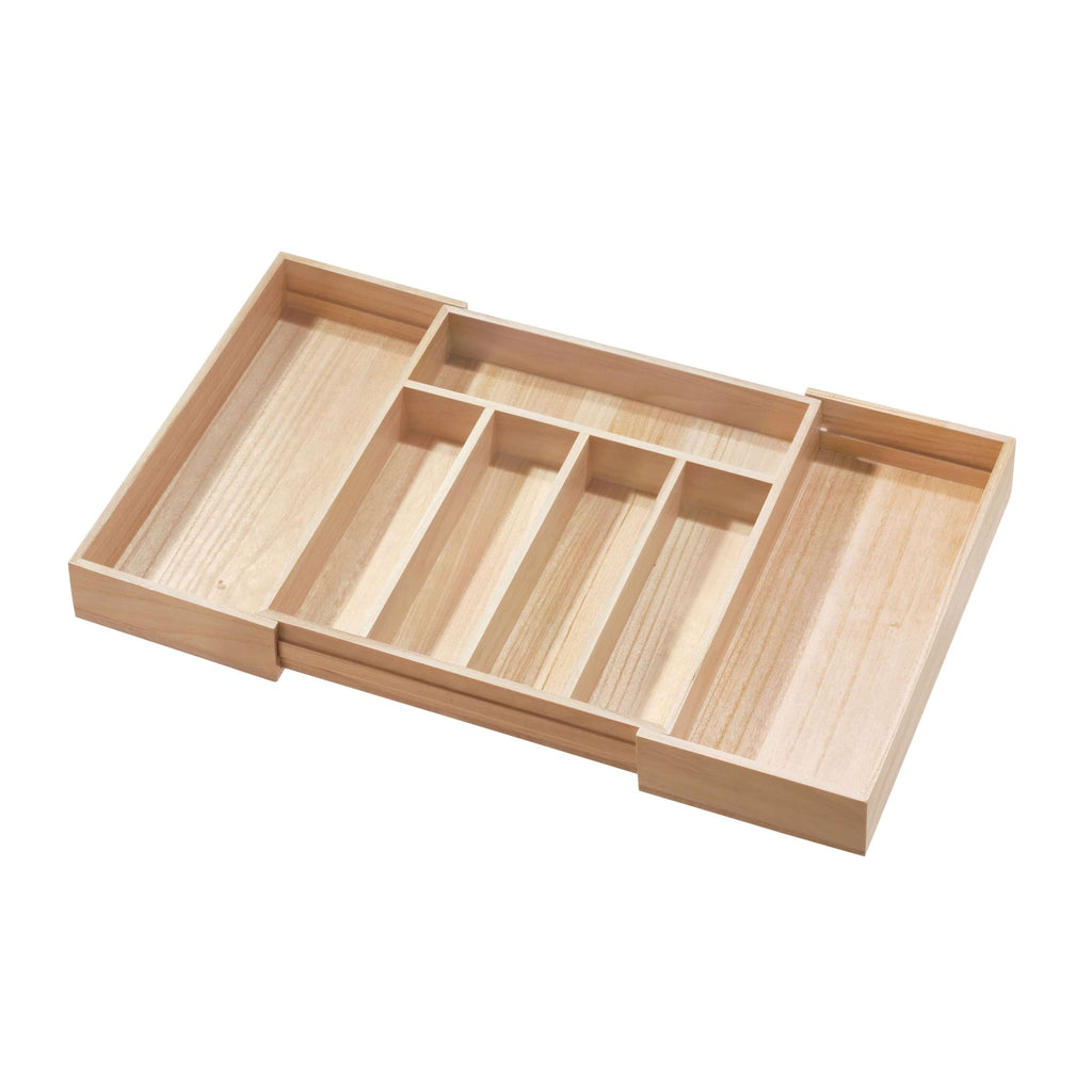 Bestekbak uittrekbaar paulowniahout naturel, 5 vakken plus 2 extra vakken, 38,1 x 34,3 x 6,4 cm