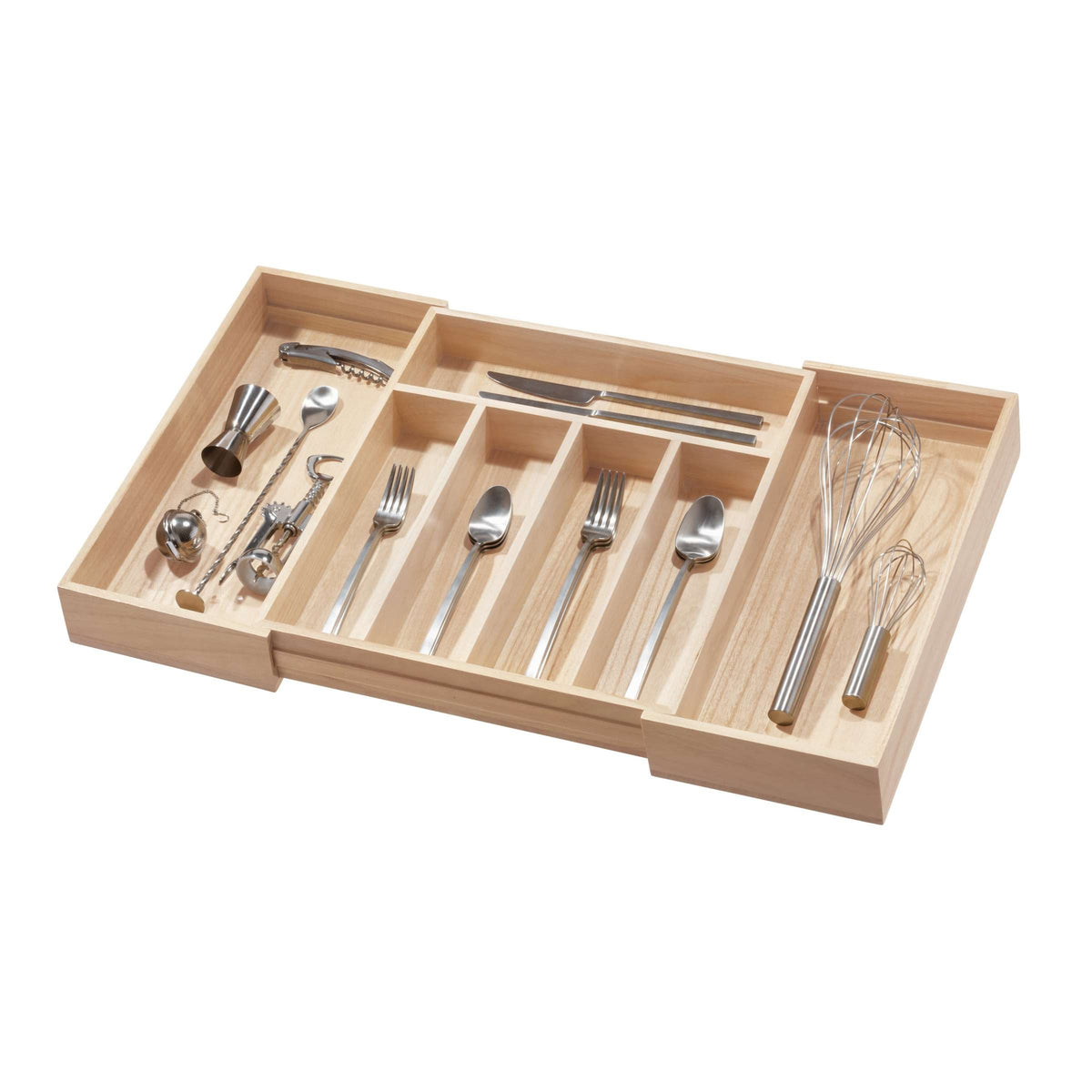 Bestekbak uittrekbaar paulowniahout naturel, 5 vakken plus 2 extra vakken, 38,1 x 34,3 x 6,4 cm