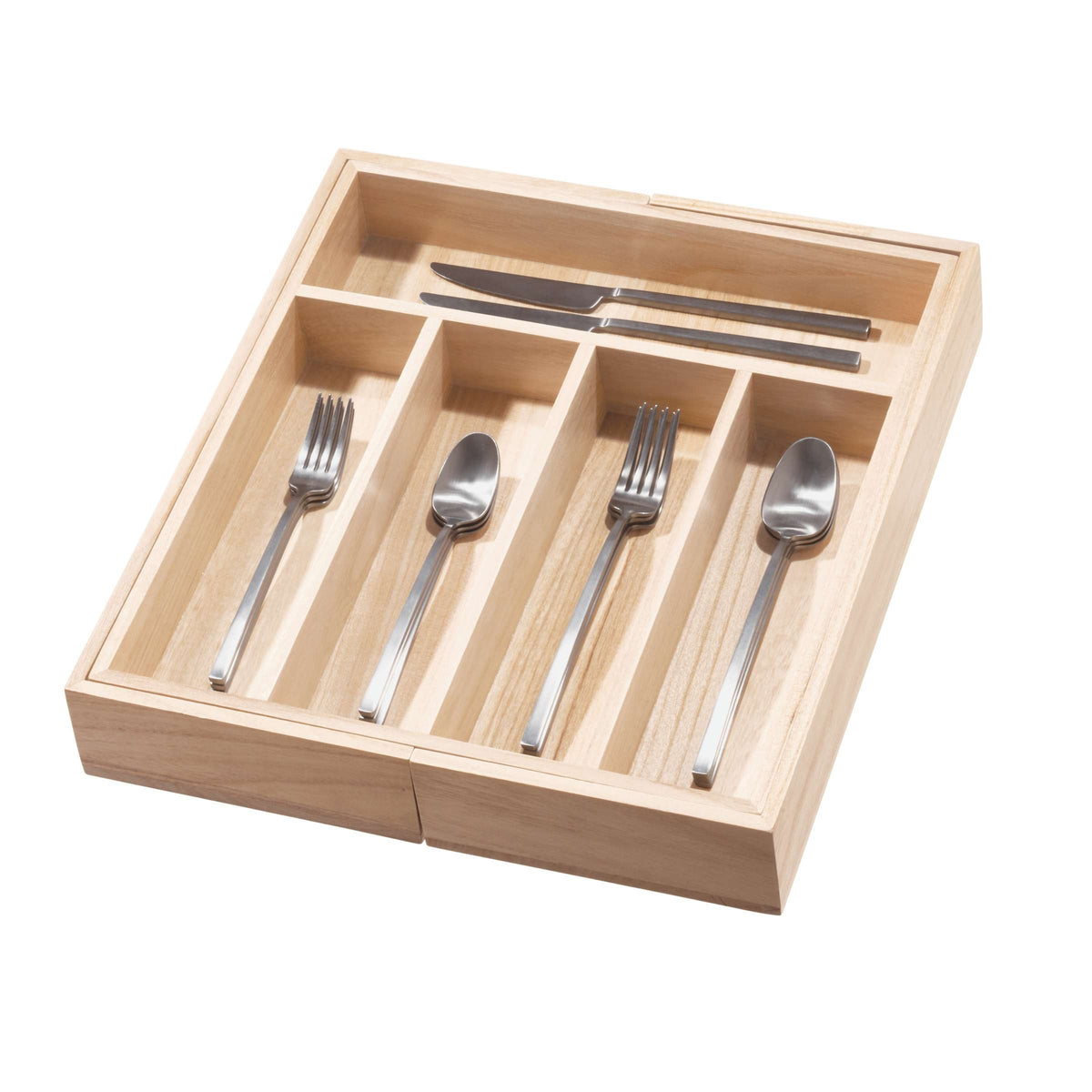 Bestekbak uittrekbaar paulowniahout naturel, 5 vakken plus 2 extra vakken, 38,1 x 34,3 x 6,4 cm