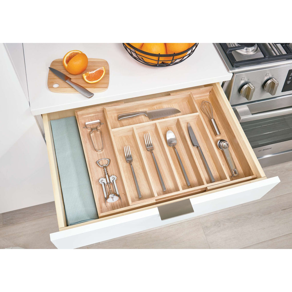 Bestekbak uittrekbaar paulowniahout naturel, 5 vakken plus 2 extra vakken, 38,1 x 34,3 x 6,4 cm
