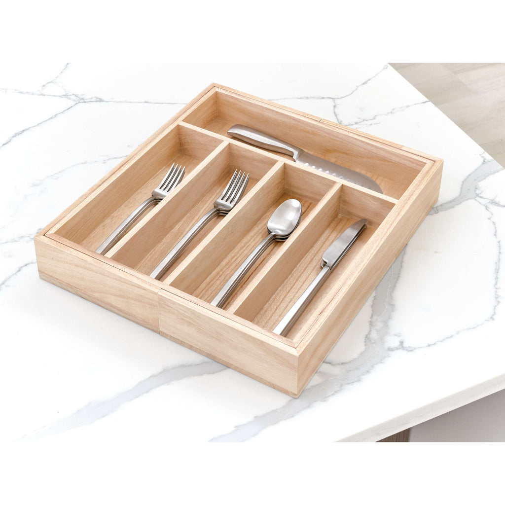 Bestekbak uittrekbaar paulowniahout naturel, 5 vakken plus 2 extra vakken, 38,1 x 34,3 x 6,4 cm
