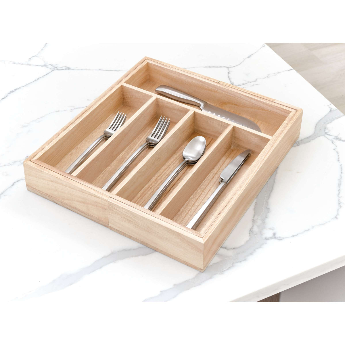 Bestekbak uittrekbaar paulowniahout naturel, 5 vakken plus 2 extra vakken, 38,1 x 34,3 x 6,4 cm