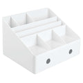 Witte bureau-organizer met zeven vakken en een lade met twee ronde grijze grepen
