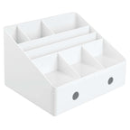 Witte bureau-organizer met zeven vakken en een lade met twee ronde grijze grepen