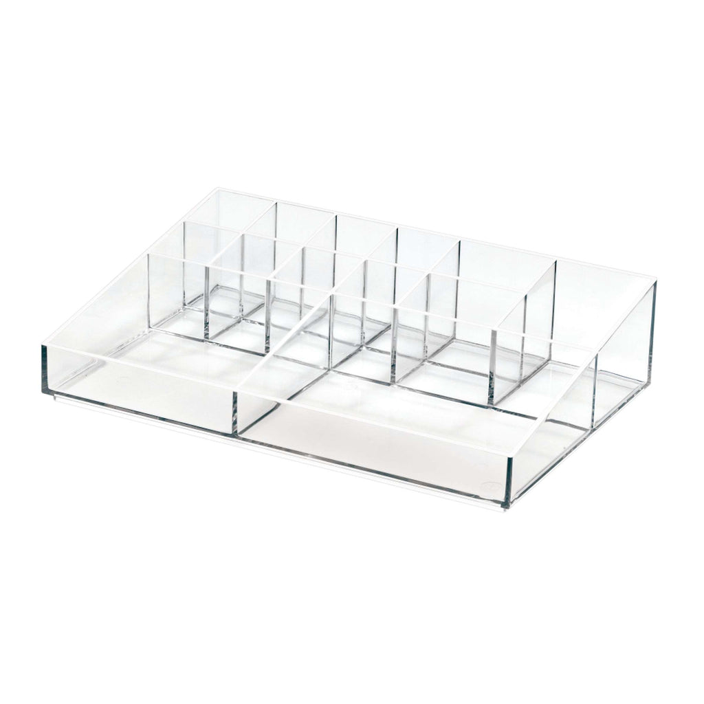 Transparante make-up organizer met 13 vakken in verschillende maten op meerdere niveaus